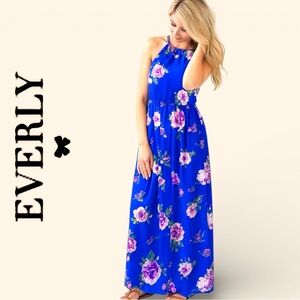 Everly Floral Royal Blue Lined Maxi Dress Medium